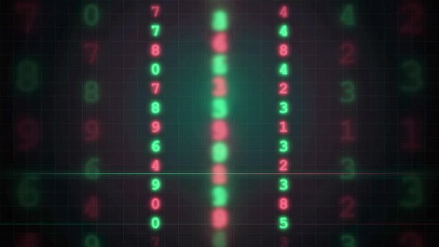 Digital rain of falling green and red binary numbers on a dark technological background