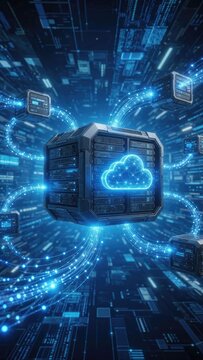 Futuristic cloud computing concept with connected data streams and digital cloud icons in a high tech environment