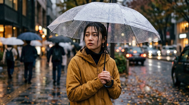 Young East Asian woman in yellow jacket waiting under transparent umbrella during autumn rain on city street for lifestyle blogs, weather websites, travel articles, and fashion content
