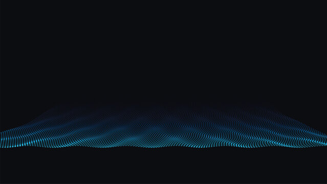 Abstract blue wave particles on black background. Digital flowing light dots. Futuristic technology data visualization vector.