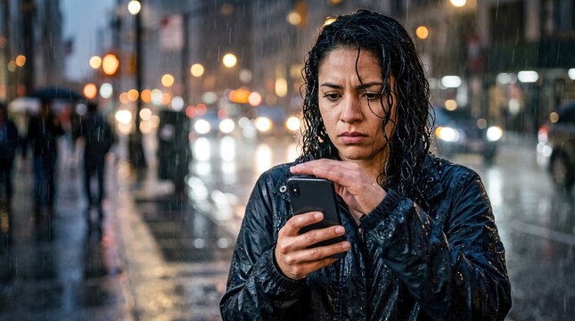 Young Latina woman with worried expression checking smartphone in torrential autumn rain on urban street, for bad weather commute, mobile app concern, and rain delayed travel communication