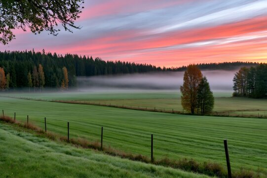 Autumn morning fog covering green fields under pink sky