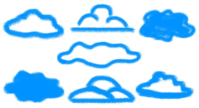 Hand-drawn pencil-style cloud doodle collection with fluffy cloud shapes, simple outlines, playful sketch details. Bright blue illustrations PNG, for children&rsquo;s designs, posters, stickers, projects