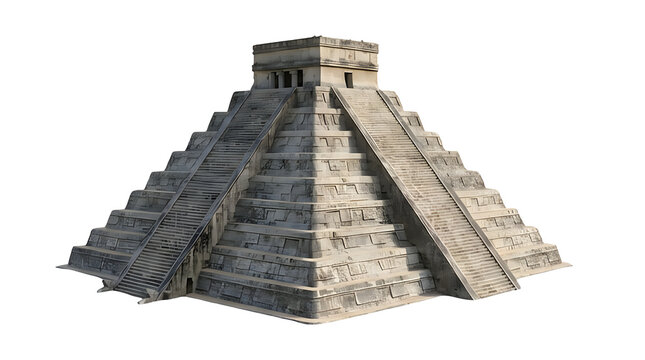 Ancient Mayan pyramid isolated on white, stone temple of Kukulkan, historical Mexican landmark, archaeological monument