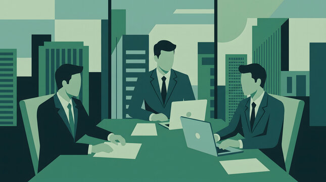 Business people having a meeting in a modern office, corporate team discussing strategy around a boardroom table Green toneillustration