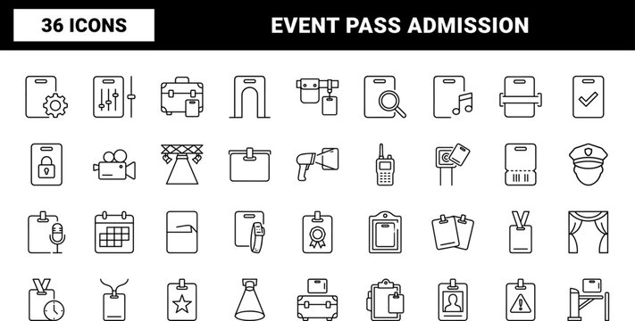 Backstage Pass Event Access Web Icon Set in Linear Style. Collection of Venue Admission line icons, including credential, identification, security, scanning, concert, production.
