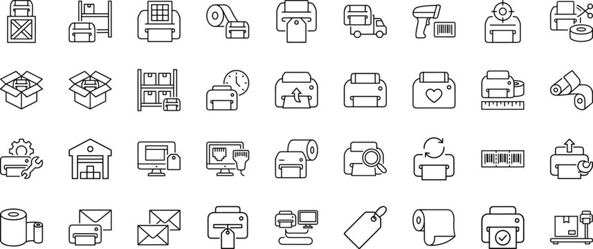 Label Printer Template Web Icon Set in Linear Style. Collection of barcode tagging, template design, thermal printing, warehouse shipping, product labeling, packaging logistics.
