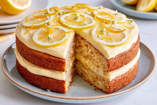 Lemon cake with slice removed showing layers