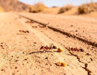 Obraz premium Desert ants working together to carry food on a dusty trail in the warm sunlight