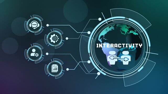 Interactivity concept with connected digital icons, user engagement, responsive communication and global technology network illustration.