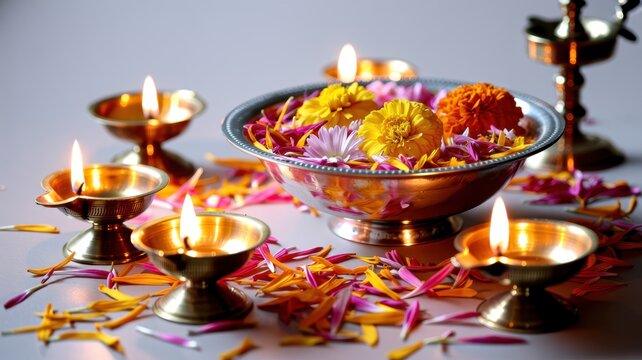 Happy Diwali Brass oil lamps and silver bowl filled with colorful flower petals on a clean surface for ritual celebration
