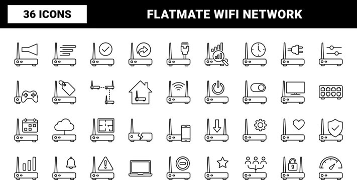 Router Shared Flat Bandwidth Web Icon Set in Linear Style. Collection of Network Sharing line icons, including wifi router, bandwidth limit, flatmate network, speed control, signal distribution.