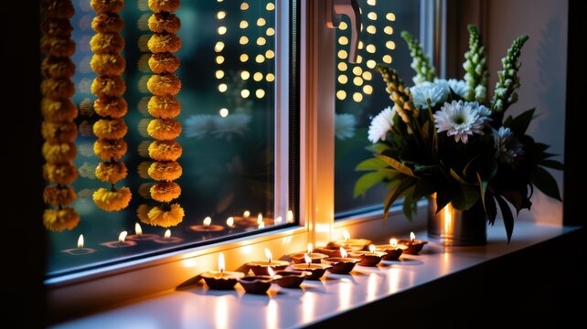 Happy Diwali Row of traditional clay diyas glowing on window sill with marigold garlands and flowers for Diwali festival of lights celebration