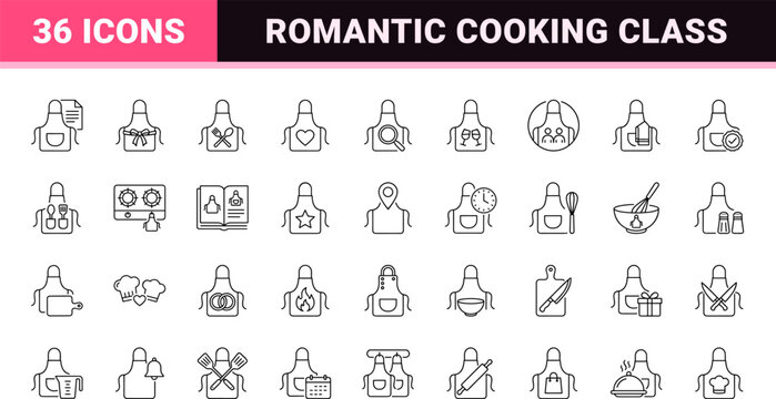 Apron Cooking Class Couples Web Icon Set in Linear Style. Collection of culinary date, cooking workshop, partner activity, kitchen apron, romantic course, recipe preparation line icons, including