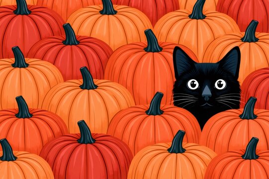 Black cat peeking among orange Halloween pumpkins