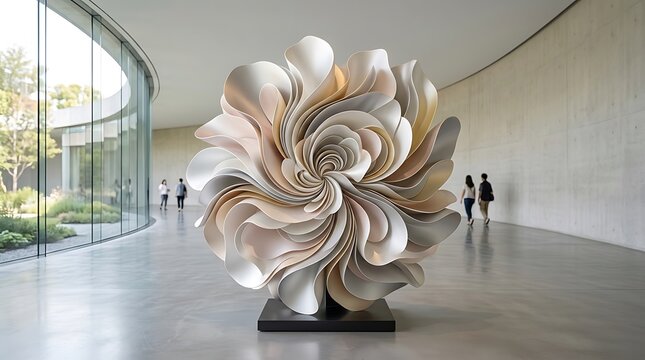Large abstract swirl metal sculpture standing in a modern art gallery hall with visitors walking by and glass walls showing outdoor trees on a bright sunny day