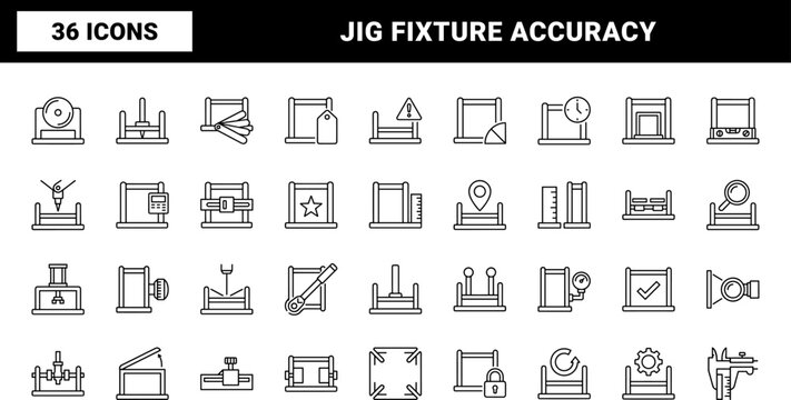 Assembly Jig Web Icon Set in Linear Style. Collection of fixture precision line icons, including positioning, clamping, calibration, tolerance, alignment, manufacturing.