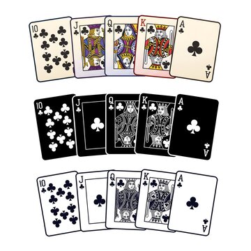 Royal flush playing cards hand in clubs suit set
