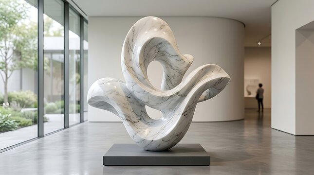 Large white abstract sculpture on display in a bright modern art gallery with glass walls looking out into a garden area during the daytime for an exhibition