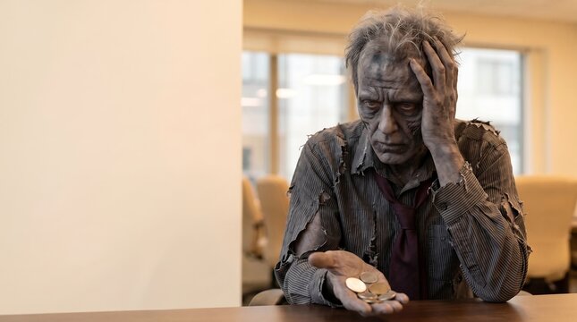 Tired zombie businessman looking at coins in his hand