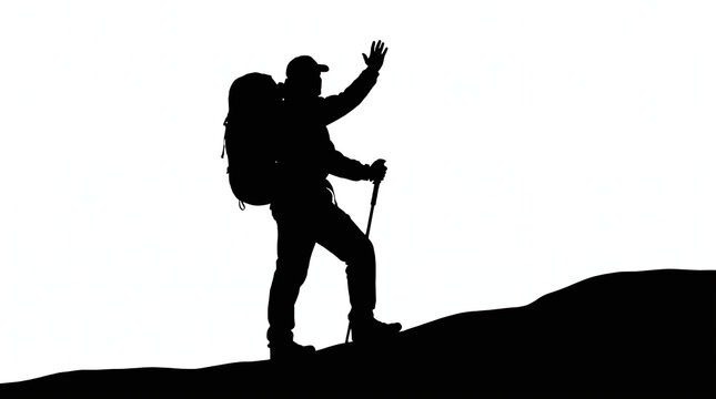 Silhouette of a hiker with a backpack waving hand while trekking on a mountain ridge 