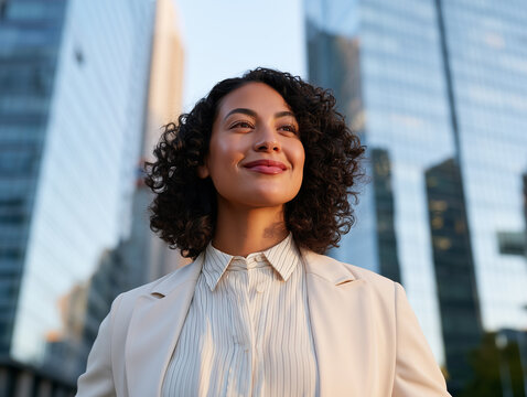 Portrait of a confident professional woman with curly hair standing outdoors in a modern city business district, looking ahead with a hopeful and ambitious expression during the golden hour