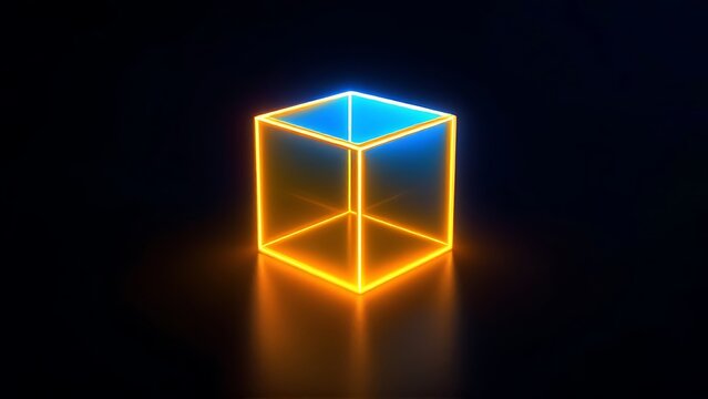Neon glowing wireframe cube for digital architecture design