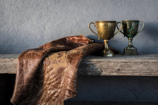 Vintage Trophies and Weathered Leather on Rustic Wooden Bench