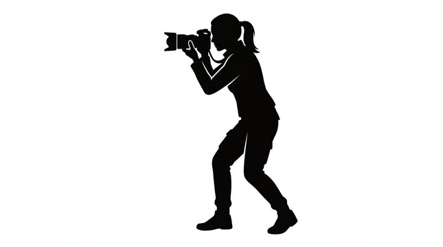 Silhouette of a Professional Female Photographer Standing and Taking Pictures with a Digital Camera for Artistic Creative Projects
