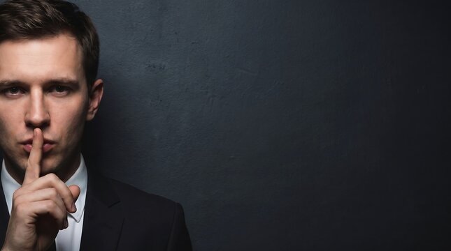 Secretive businessman gesturing silence on a dark background