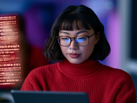 A young woman with dark hair and glasses wearing a red sweater, focused on working on a laptop in a dimly lit office with glowing digital code displayed on a screen in the background
