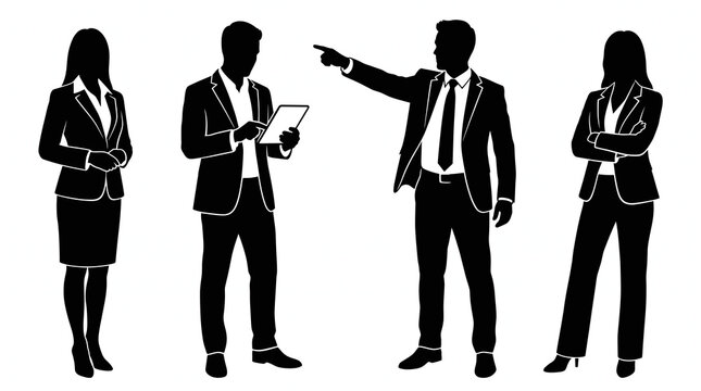 Group of business people silhouettes in different poses showing communication and leadership