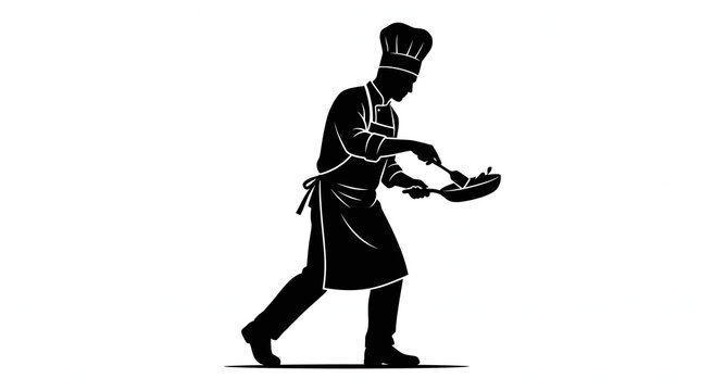 Professional Chef Cooking with Frying Pan Silhouette Vector Illustration for Culinary Branding and Restaurant Service Design