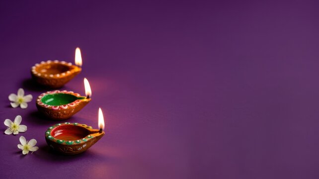Happy Diwali Three painted clay diyas with lit flames and small white flowers arranged in a row on a solid purple background with copy space