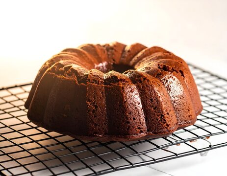 A freshly baked chocolate bundt cake cooling on a wire rack, showcasing its rich texture and inviting appearance.