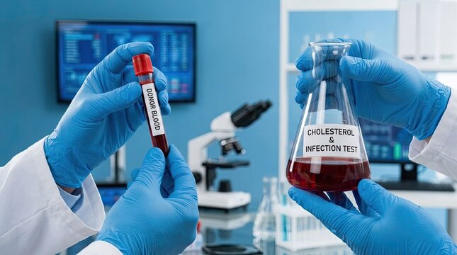 Hands holding a blood sample and a flask in a laboratory setting for testing cholesterol levels and detecting infections