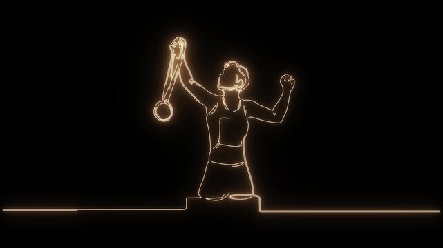 Continuous glowing golden neon line art animation athlete holding medal podium black background