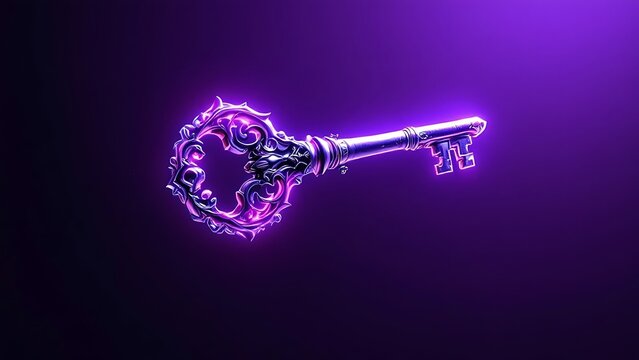 Purple neon ornate skeleton key glowing in the dark with security
