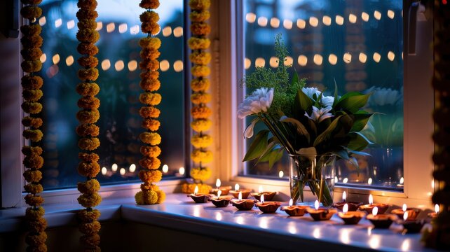 Happy Diwali Evening window sill decorated with glowing oil lamps and marigold flower garlands for a traditional Indian Diwali celebration