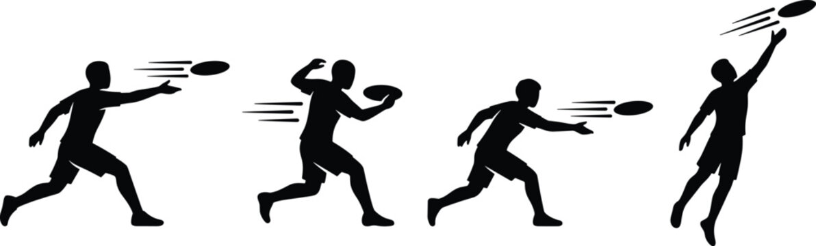Ultimate frisbee player throwing catching flying disc sport silhouette vector illustration collection, icon set
