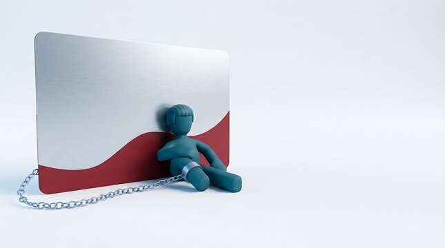 3D character chained to credit card depicting financial debt burden
