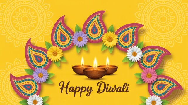 Happy Diwali Happy Diwali greeting card design featuring glowing oil lamps and colorful paisley floral patterns on a bright yellow background