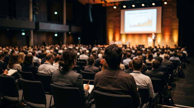Participants attentively viewing a large screen during a blurred keynote speech and presentation, concept for business meeting graphics, professional development content, and lecture background images