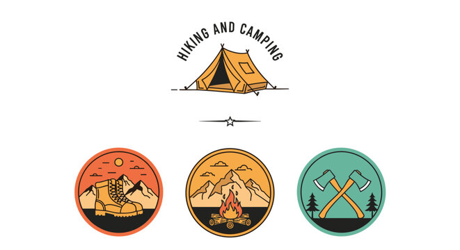 Set of hiking and camping themed logos and badges featuring mountains and tents and axes in circular frames on white.