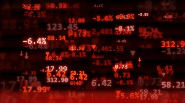 Abstract digital data stream with red financial stock market numbers and percentage symbols on black