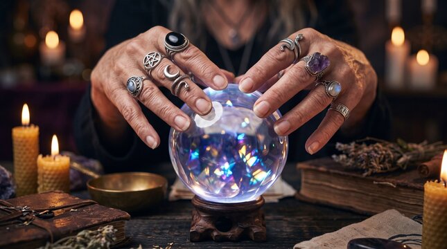 A fortune teller with many rings on her fingers placing her hands on a glowing crystal ball ad social media download thambnail poster web template event festival 2026 2027 2028
