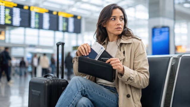 woman at an airport terminal sits with her suitcase, holding a passport and boarding pass, looking to the side while waiting for her flight.