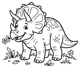 Charming triceratops dinosaur cartoon illustration with plants for childrens educational materials © Bellal