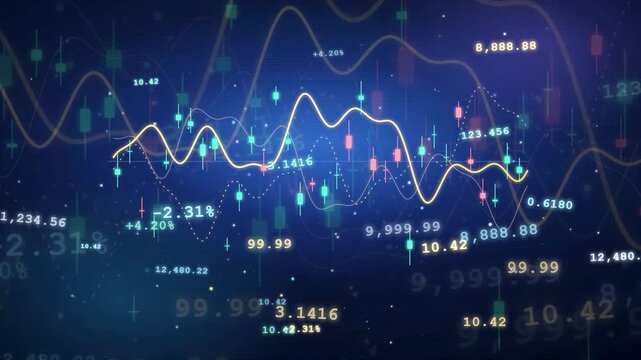 Abstract digital financial data visualization with moving stock market charts and glowing numeric indicators