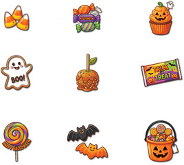 Fototapeta premium Set of colorful halloween including candy corn, wrapped sweets, pumpkin cupcake, ghost cookie, caramel apple, and trick or treat bag